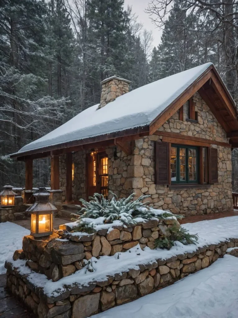 Rustic Stone Cottage with Snow Covered Roof