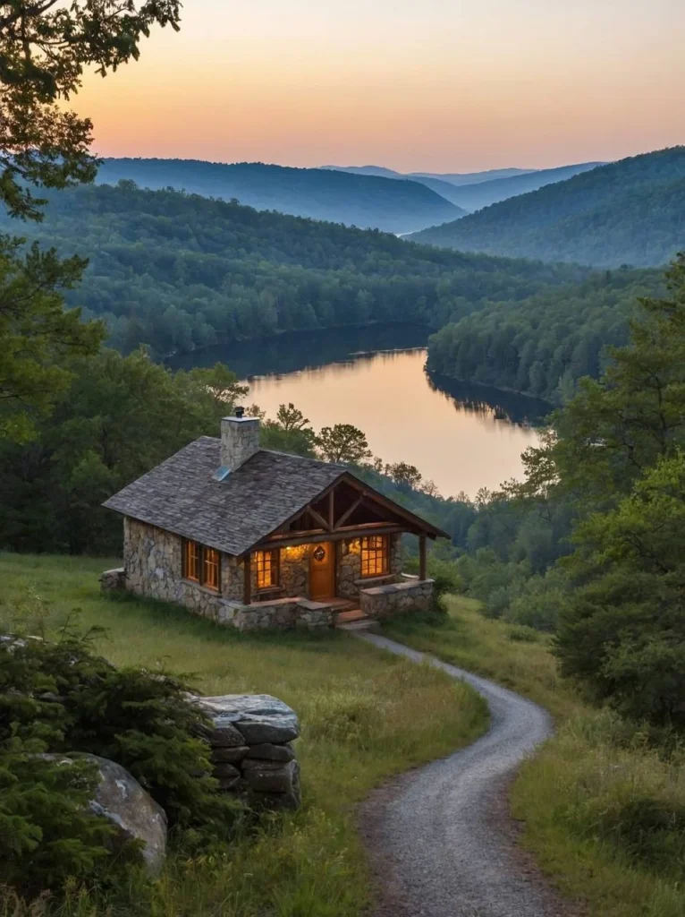 Tiny stone cottage overlooking a valley and lake at sunset.