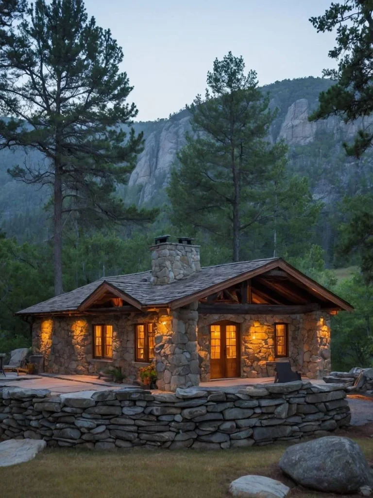 Tiny stone cottage with large patio and mountain backdrop.