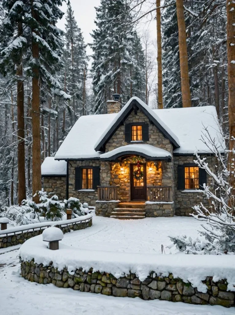 Stone Cottage in Snowy Woods