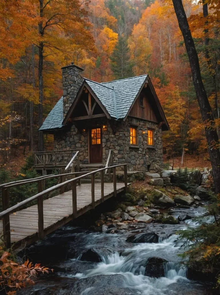 Small stone cabin with wooden bridge over a stream in autumn.