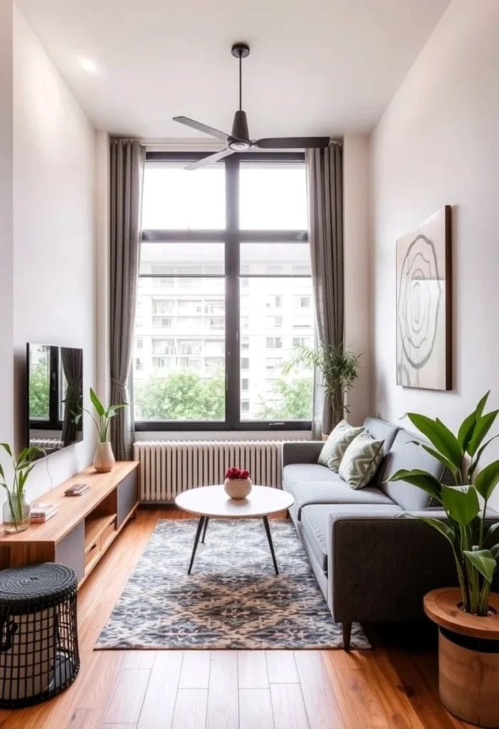 Small apartment living room with large window, gray sofa, plants, and wood accents.