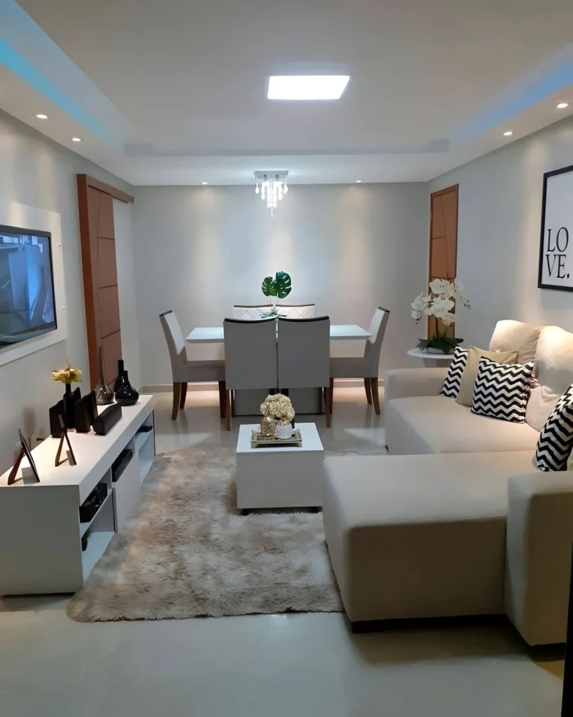 Small living room with defined zones and stylish, unified decor.