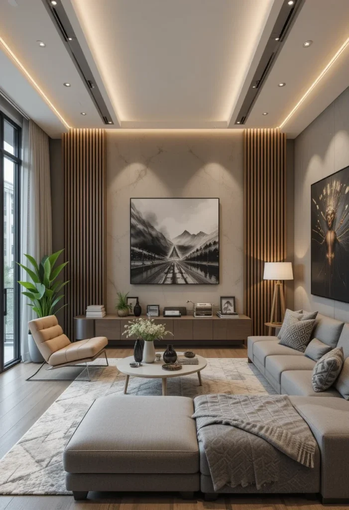 Apartment living room illuminated by recessed lighting, featuring a sectional and modern artwork.