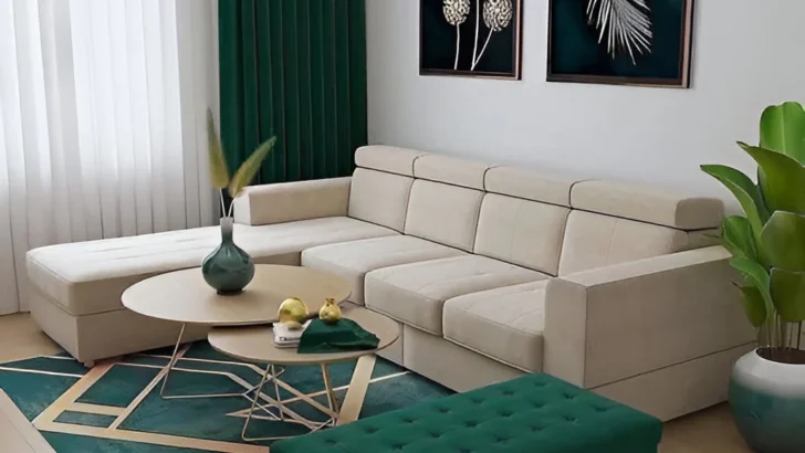 Luxurious small living room decor with emerald green and gold accents.