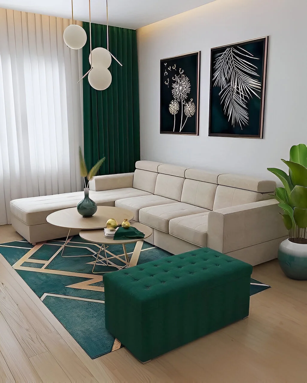 Luxurious small living room decor with emerald green and gold accents.