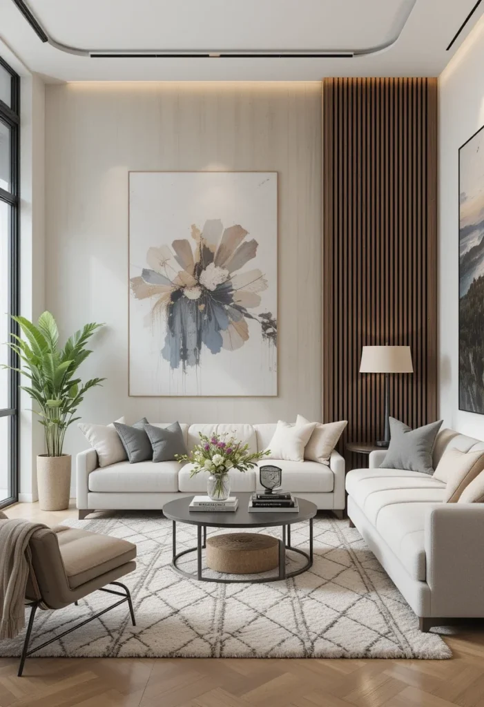 Bright apartment living room featuring a large floral painting, white sofas, and a textured rug.