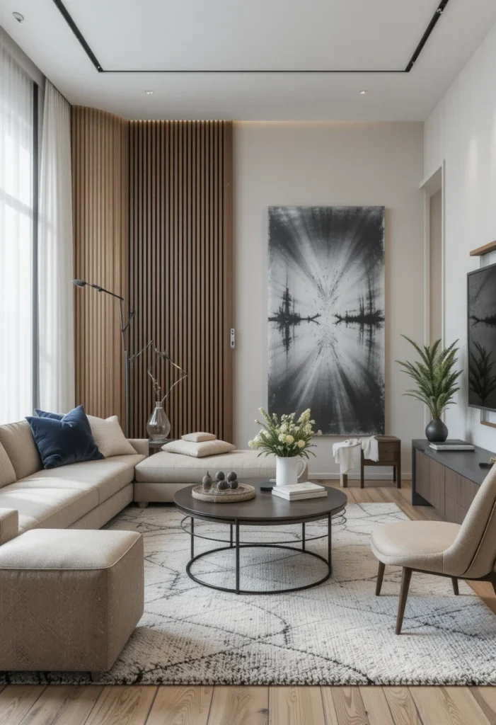 Apartment living room featuring a textured accent wall, abstract art, a sectional sofa, and a round coffee table.