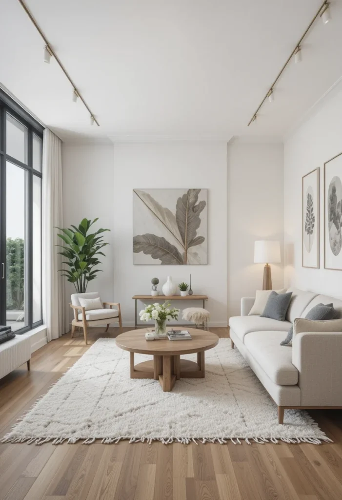 Bright apartment living room with light wood floors, a textured rug, white sofa, and botanical artwork.