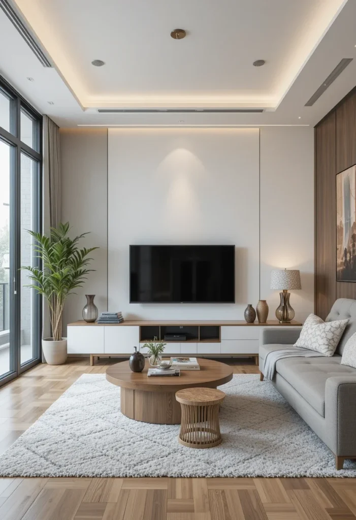 Modern apartment living room with a wall-mounted TV, white media console, round coffee table, and sofa.