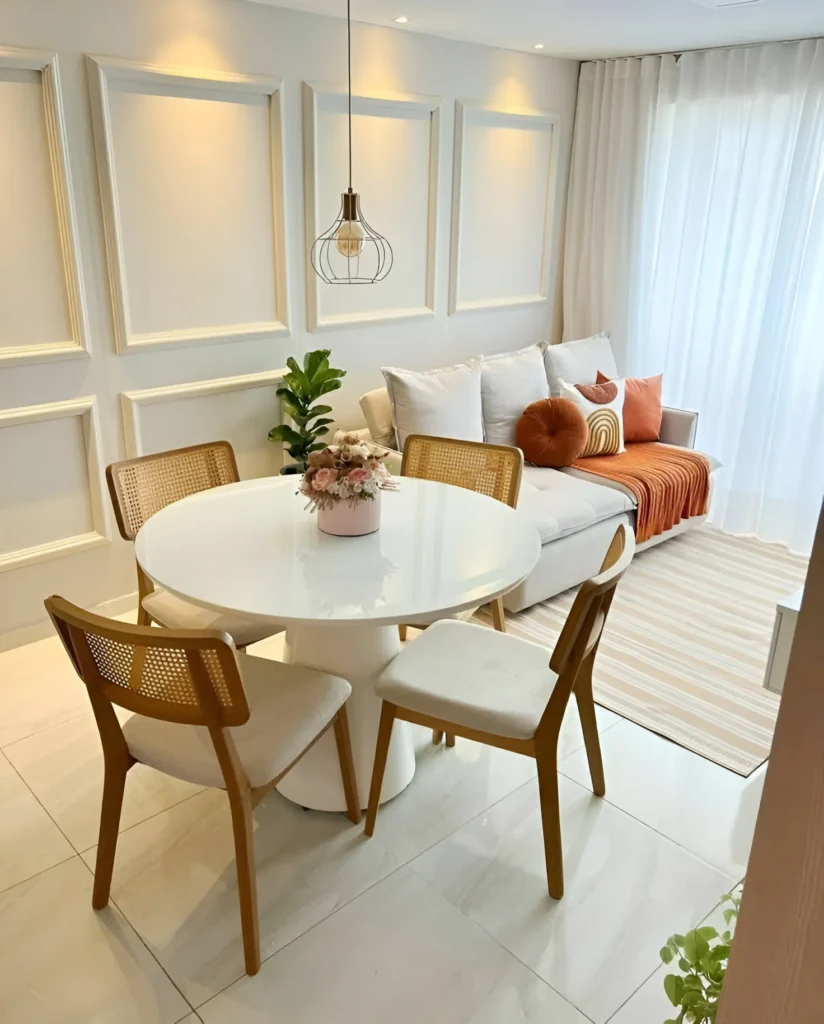 Cozy small living room with round dining table and bohemian accents.