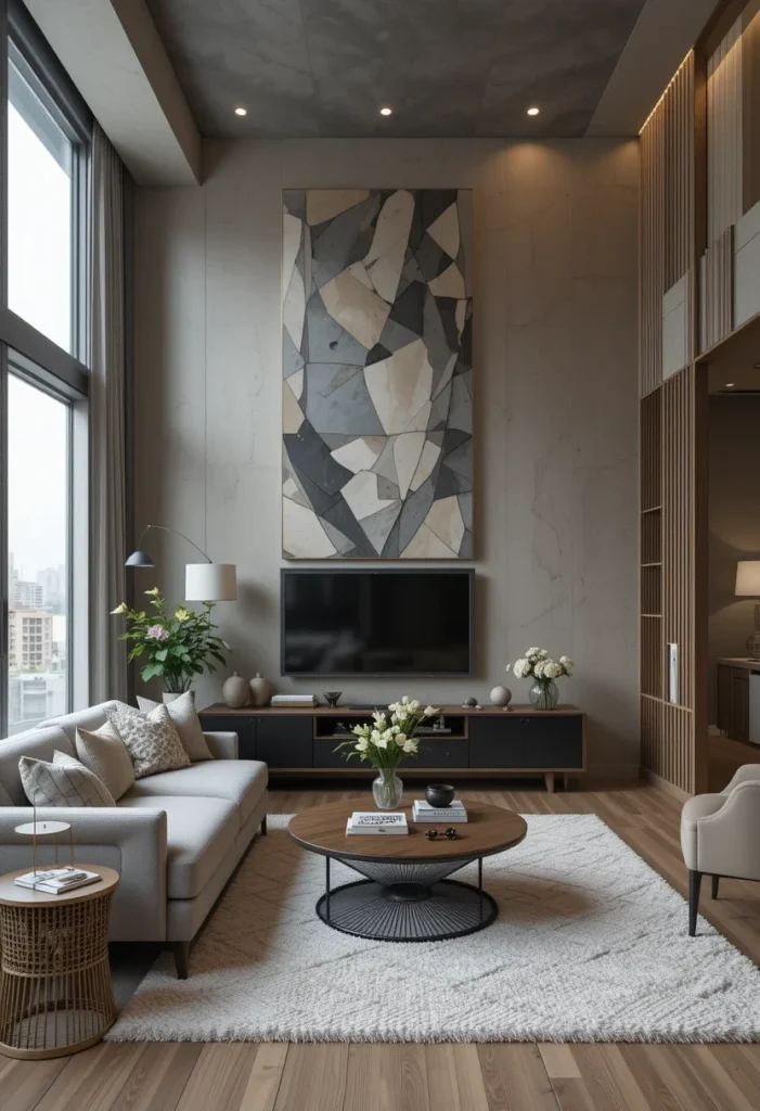 Apartment living room with high ceilings, built-in shelves, a sofa, a round coffee table, and artwork.