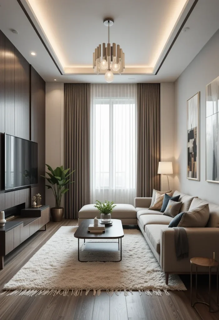 Apartment living room featuring dark cabinetry and drapes, a light sofa, a rug, and a modern chandelier.