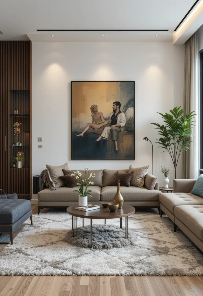 Large apartment living room with a textured area rug, two sofas, built-in shelves, and artwork.