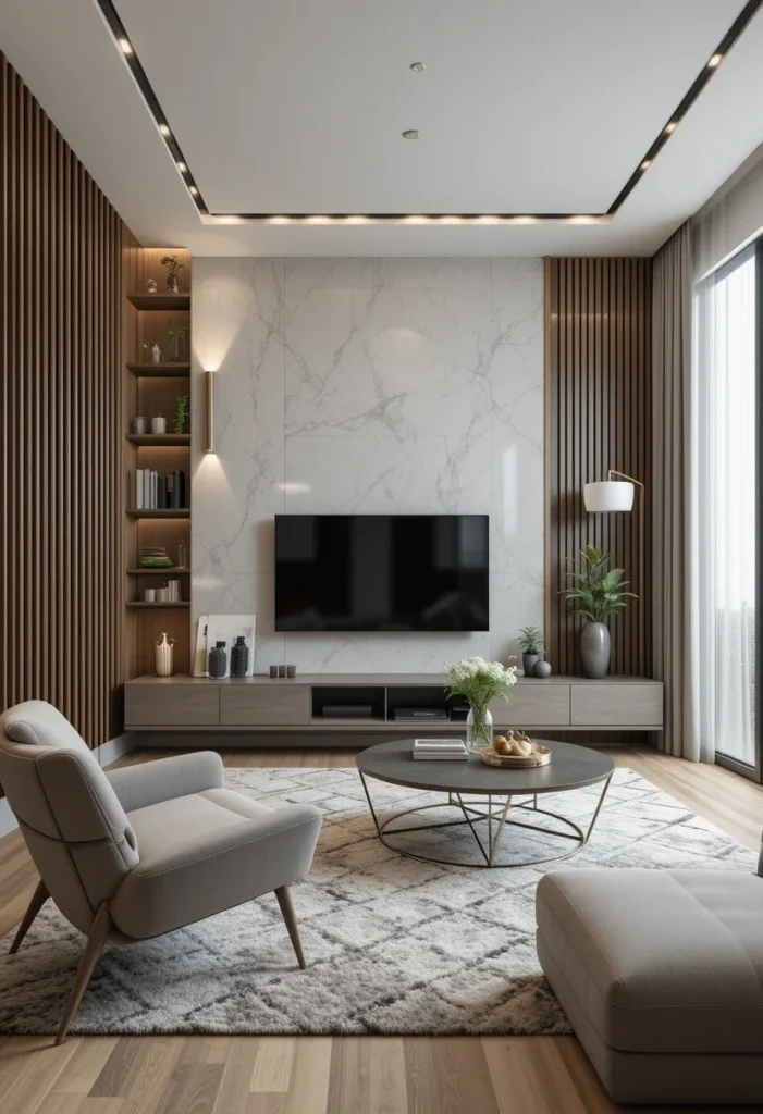 Apartment living room featuring a marble and wood accent wall, a large rug, a sofa, and an armchair.