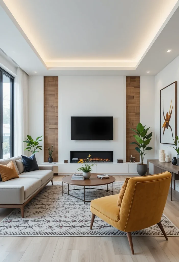 Bright apartment living room with a yellow accent chair, a fireplace, a TV, a sofa, and a patterned rug.