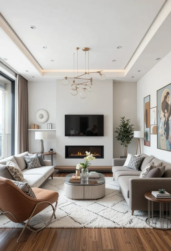 Small apartment living room with neutral colors, two sofas, fireplace, and modern lighting.