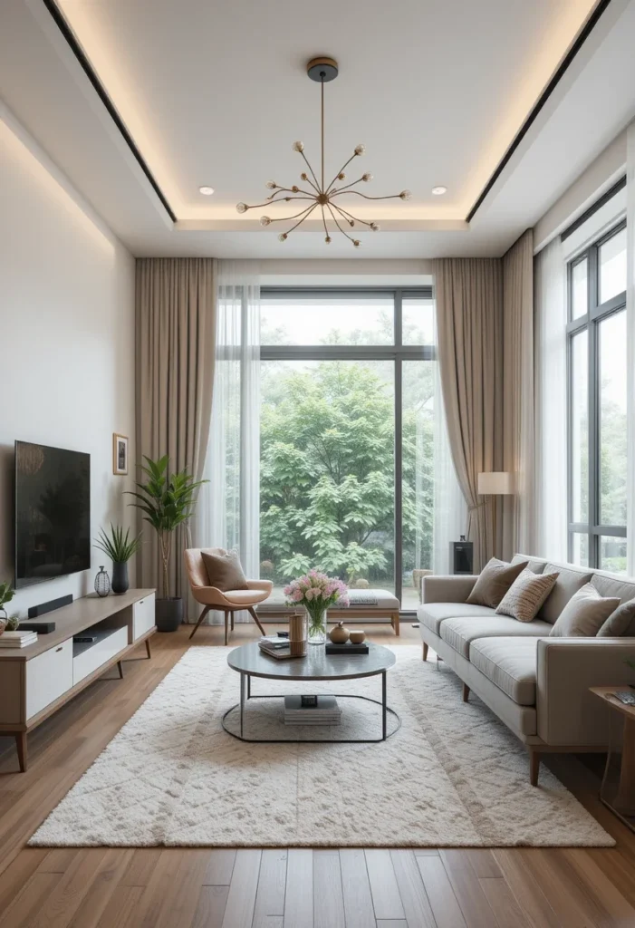 Apartment living room with floor-to-ceiling drapes, a large window, a neutral sofa, and a round coffee table.