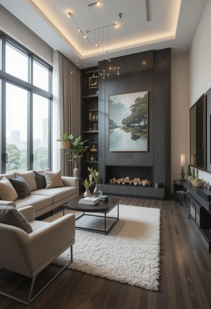 Apartment living room featuring dark wood floors, a built-in fireplace unit, a sofa, a rug, and large windows.