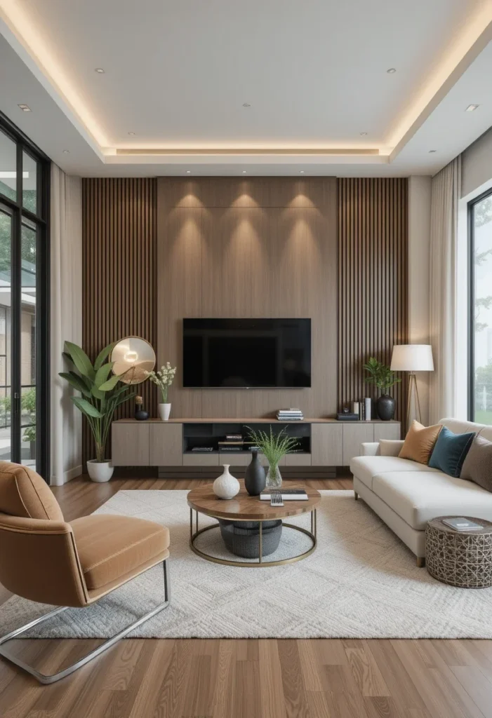 Apartment living room with a textured accent wall, a mounted TV, a media console, and a round coffee table.