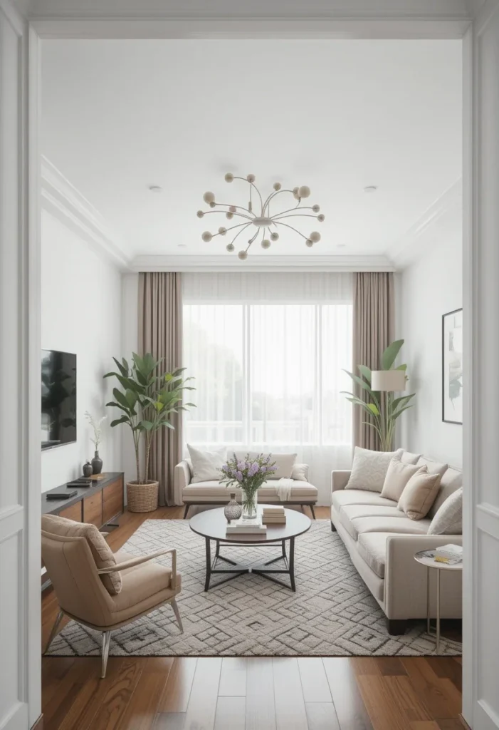 Apartment living room with symmetrical furniture arrangement, two sofas, a rug, a chandelier, and plants.