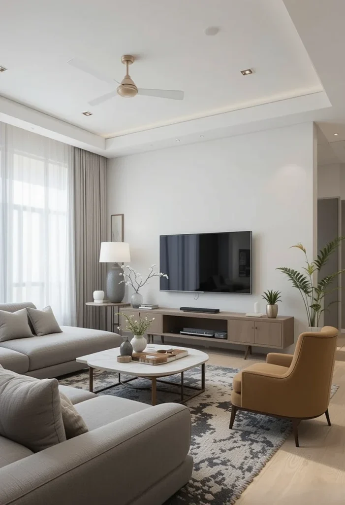 Apartment living room with a ceiling fan, a sectional sofa, an accent chair, a TV, and a media console.