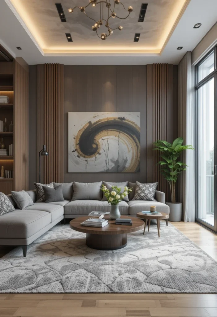 Apartment living room with a large sectional sofa, a round coffee table, a patterned rug, and abstract art.