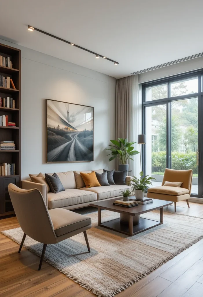 Apartment living room with a built-in bookshelf, a sofa, armchairs, a square coffee table, a rug, and large windows.