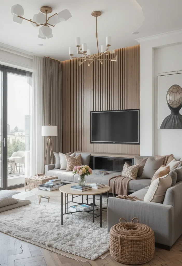 Small apartment living room with textured wall, sectional sofa, rug, and round coffee table.