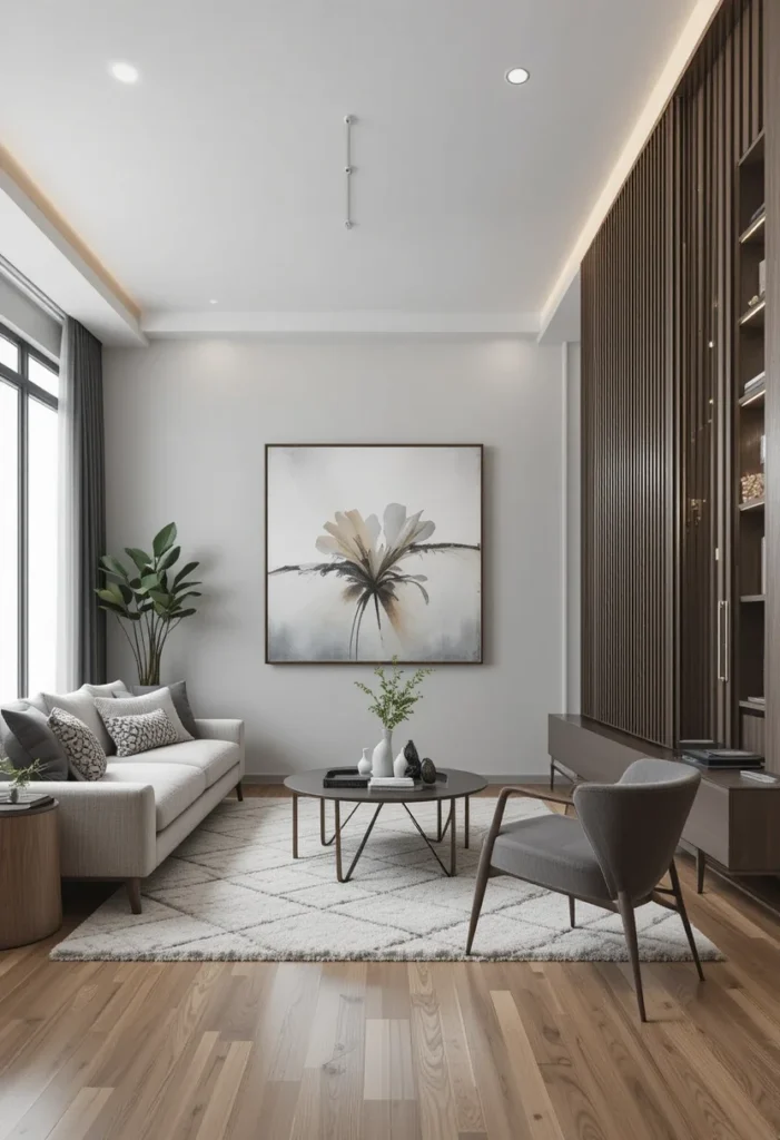 Small apartment living room with minimalist floral artwork, neutral sofa, and wood floors.