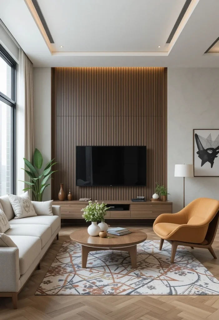 Apartment living room with wall-mounted TV, sofa, accent chair, and patterned rug.