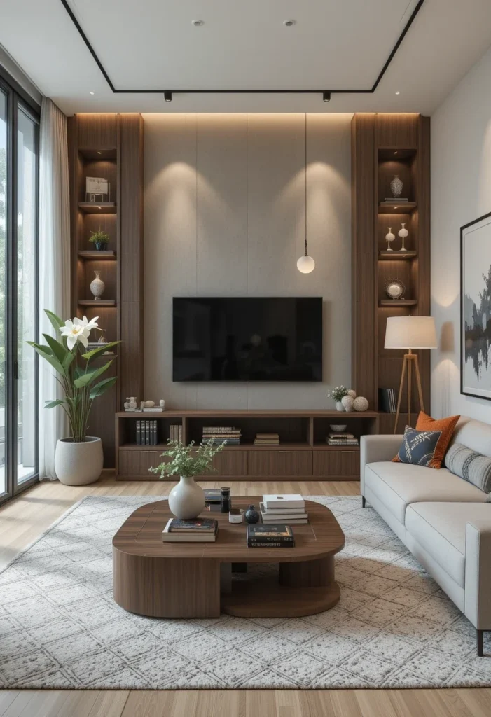 Small apartment living room featuring a custom-designed TV unit with shelving and storage.