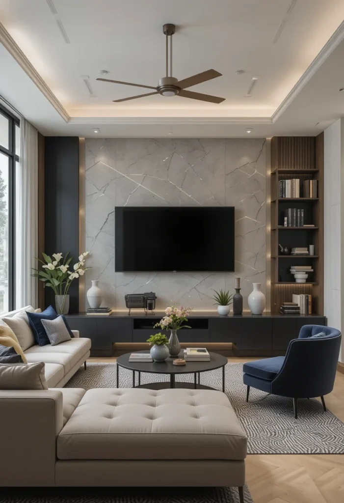 Apartment living room with a marble feature wall, dark cabinets, and a modern sectional sofa.