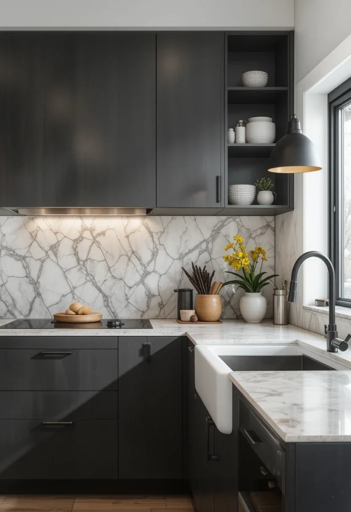 Modern small kitchen with dark cabinets and marble