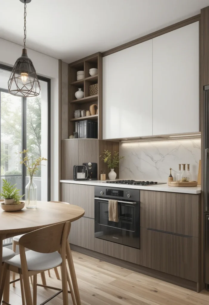 Modern small kitchen with integrated dining area