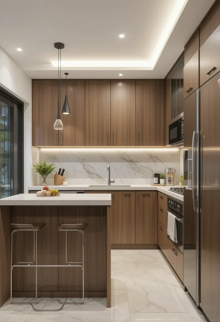 Modern small kitchen with island and wood cabinets