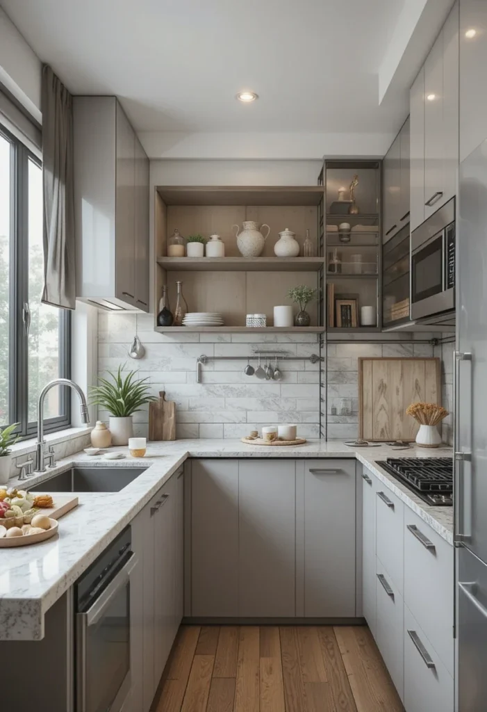 Small modern kitchen with gray cabinets and open shelving