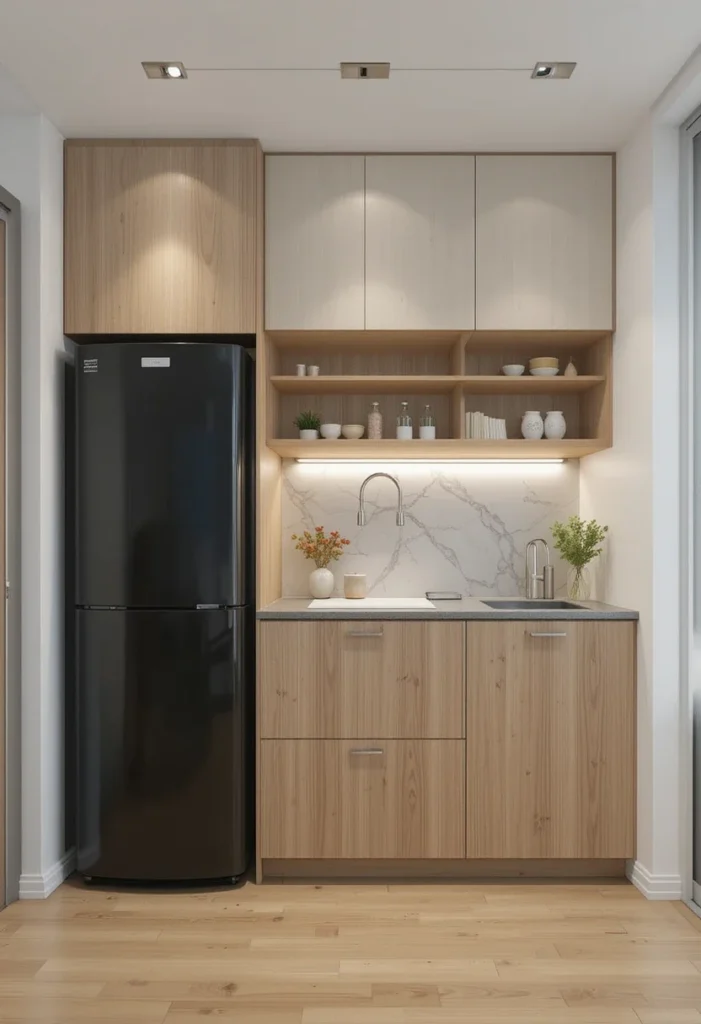 Small modern kitchen with recessed refrigerator