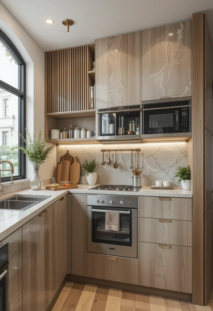 Small modern kitchen with textured wood cabinets