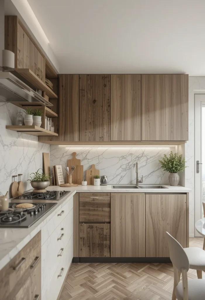 Small modern kitchen with wood cabinets and open shelving