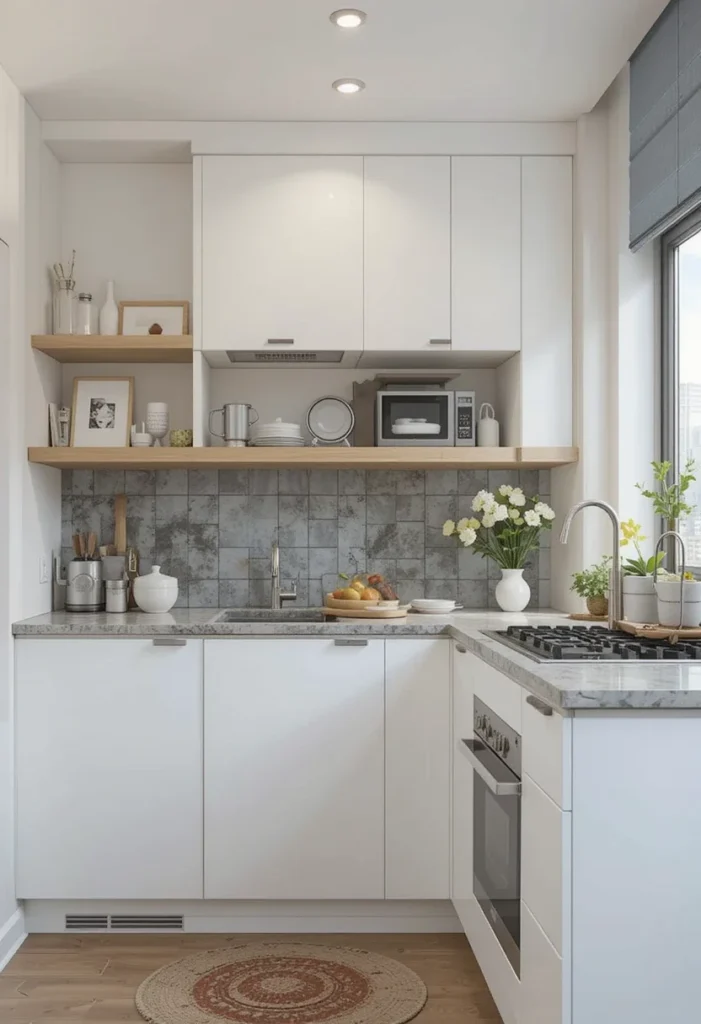 Small modern white kitchen with textured tile backsplash