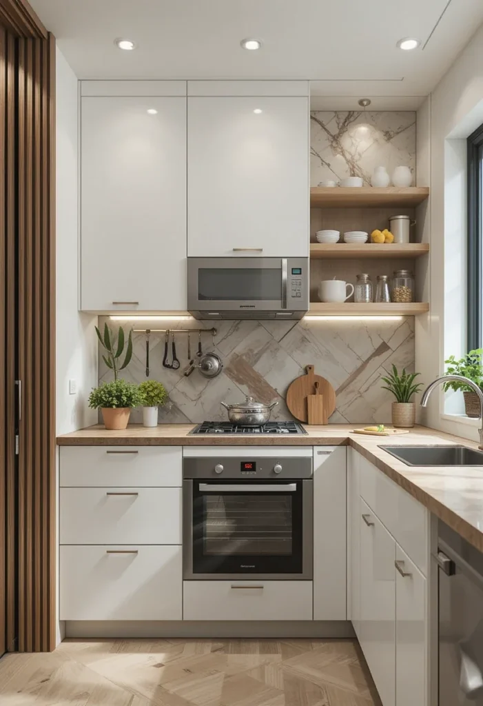 Modern small kitchen with slatted wood wall