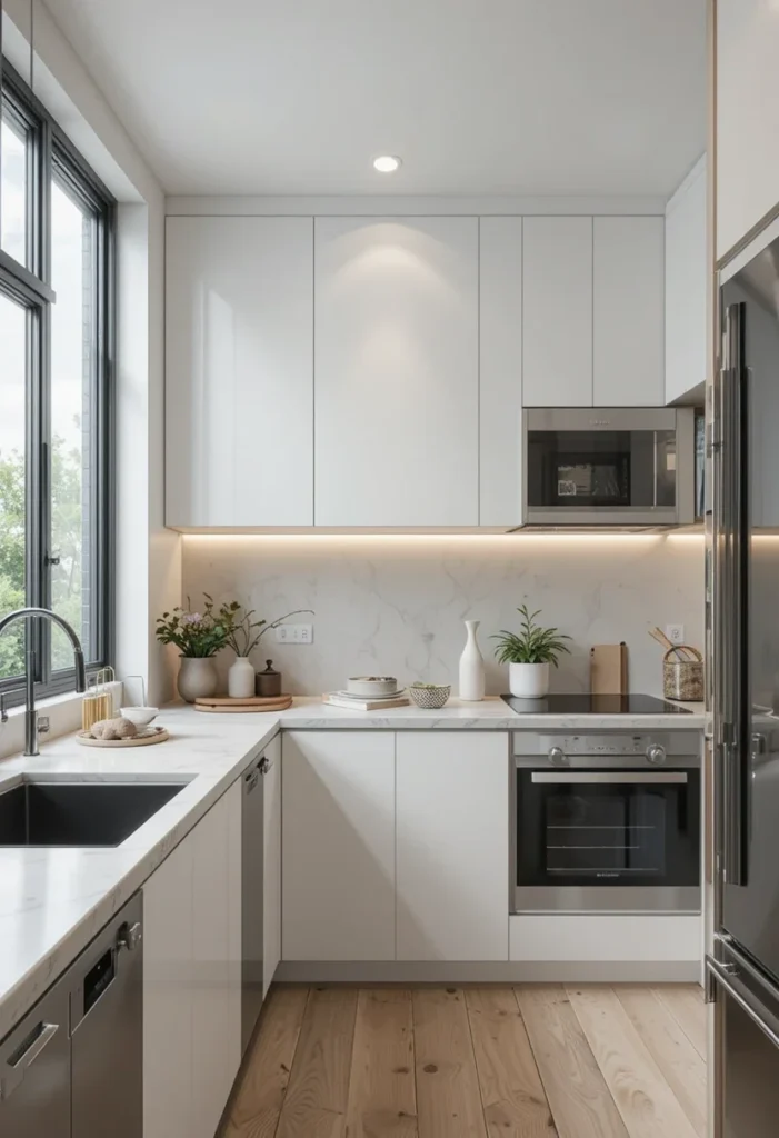 Modern small U-shaped kitchen with white cabinets