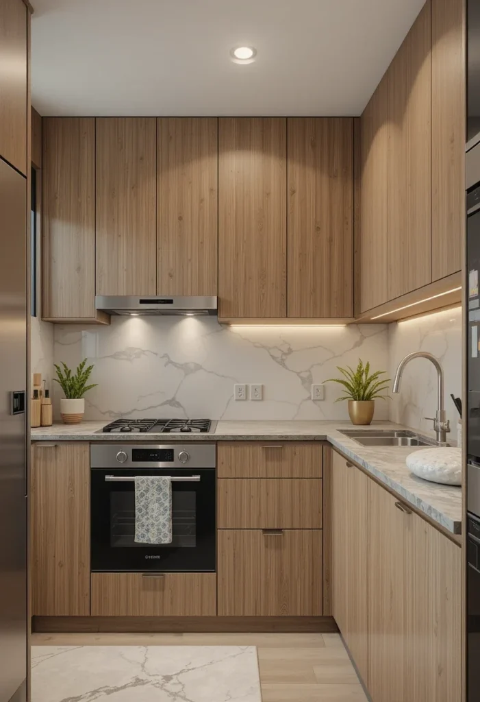 Small modern kitchen with full-height wood cabinets