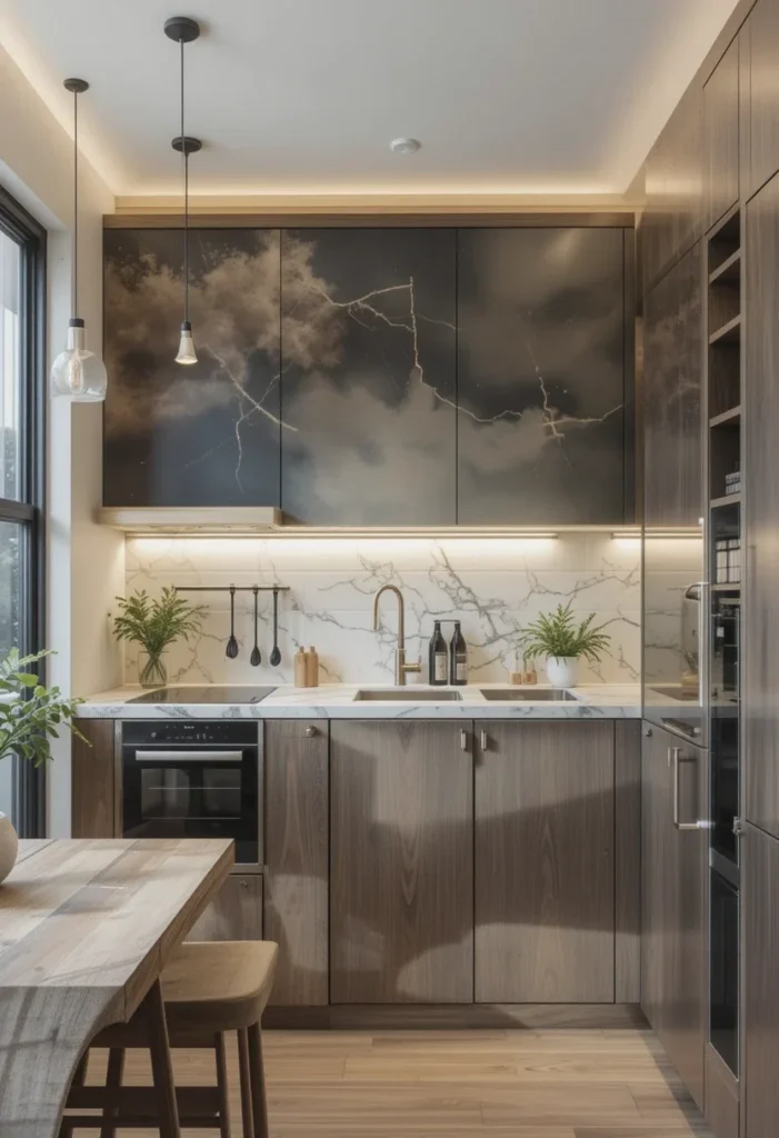 Modern small kitchen with unique cabinet finish