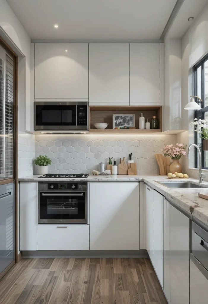 Modern small kitchen with hexagon tile backsplash - Modern Small Kitchen Layouts