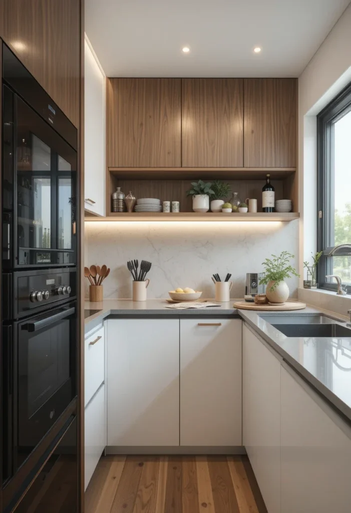 Modern small galley kitchen with wood and white cabinets