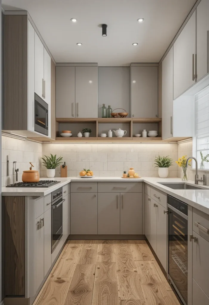 Small modern U-shaped kitchen with gray cabinets