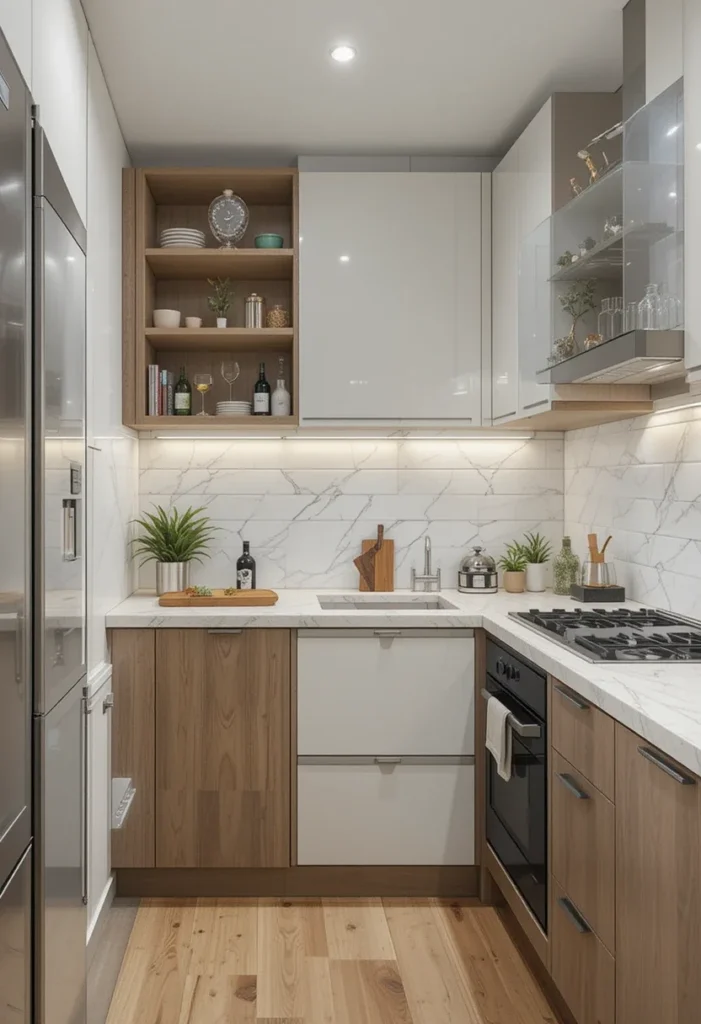 Modern small kitchen with mixed material cabinets