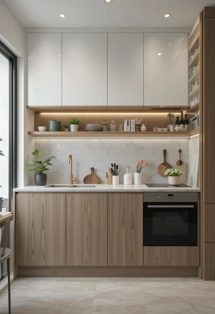 Small modern kitchen with light wood cabinets